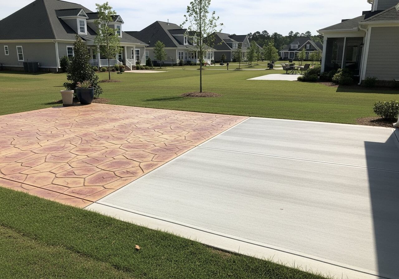 Stamped concrete patio next to smooth concrete slab in residential community