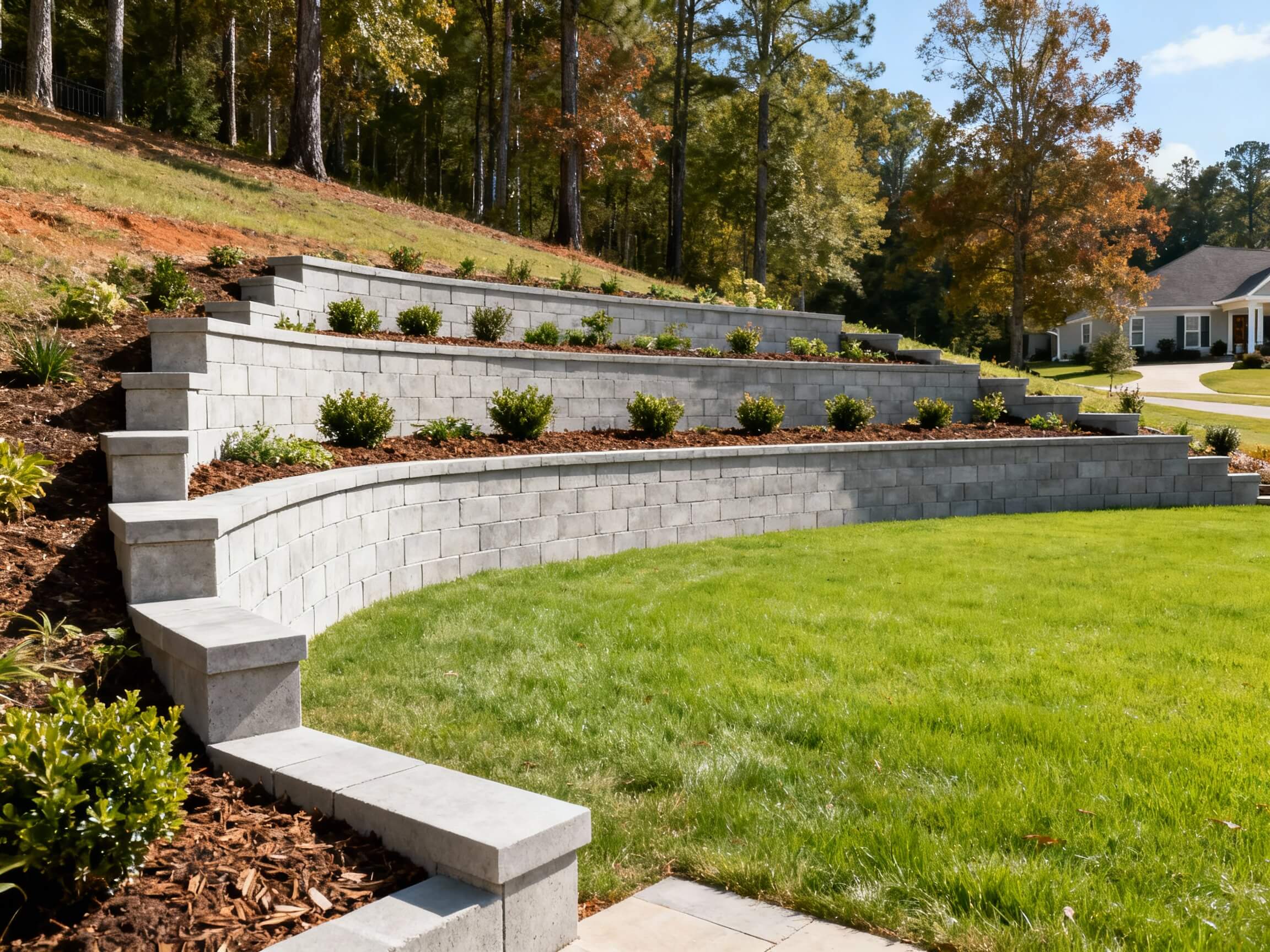 Concrete block terraced retaining wall in a landscaped backyard in Greenville, NC