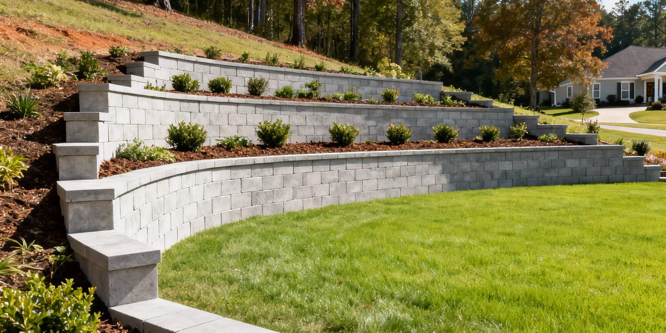 Concrete block terraced retaining wall in a landscaped backyard in Greenville, NC