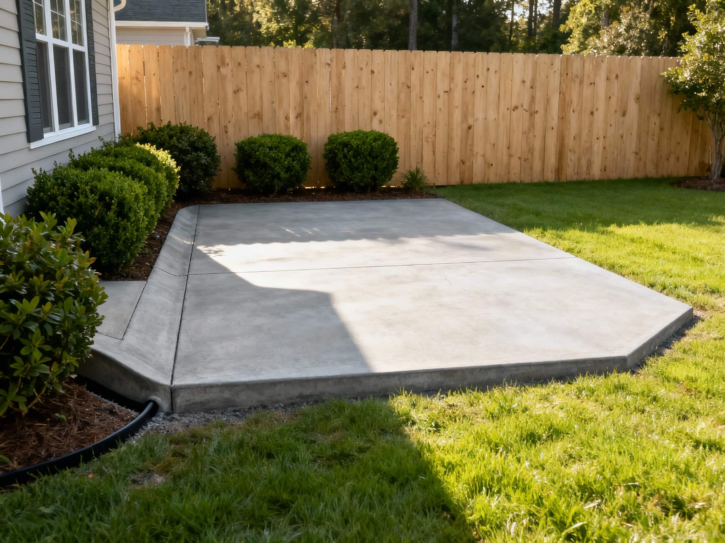 Concrete patio slab in a residential backyard with wood privacy fence