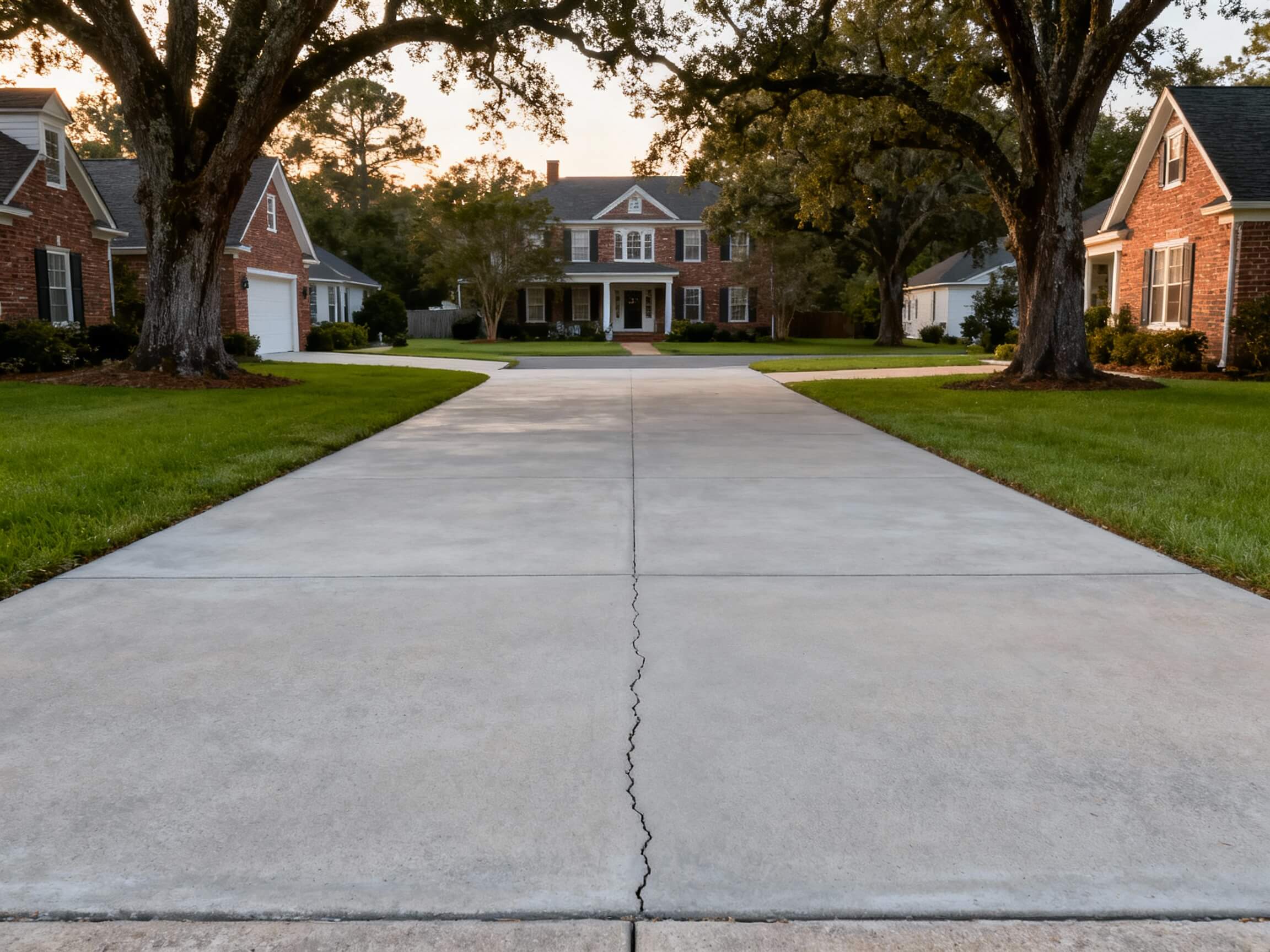 Cracked concrete driveway in an Eastern North Carolina residential neighborhood
