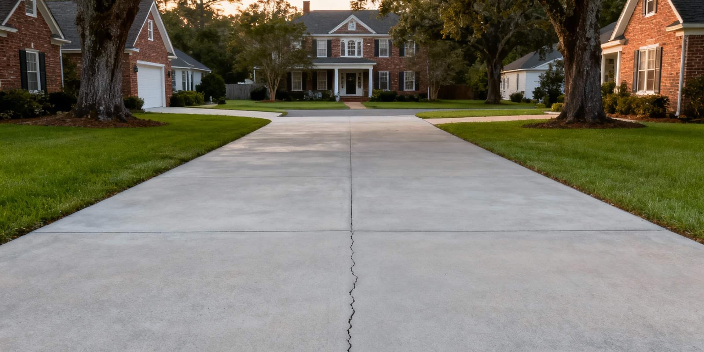 Cracked concrete driveway in an Eastern North Carolina residential neighborhood