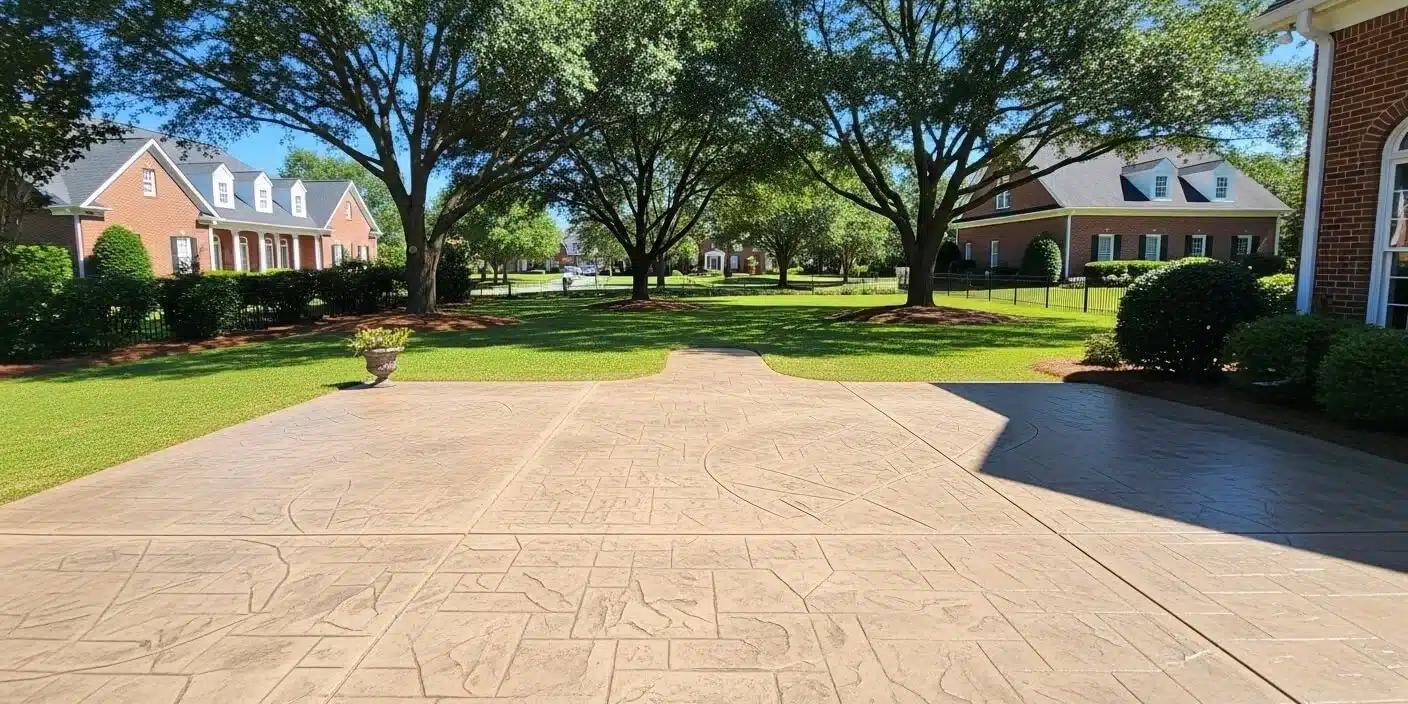 A large driveway leading to a large house with trees in the background.