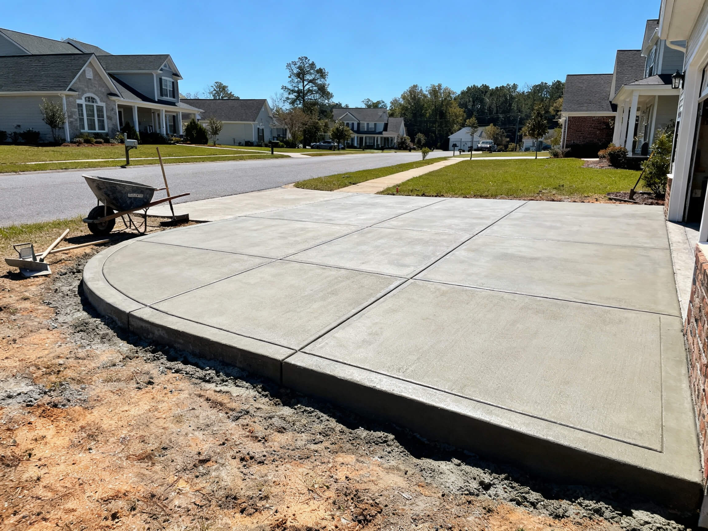 Concrete driveway apron installation in New Bern NC, showing the finished slab, curved edge, and wheelbarrow at the curb