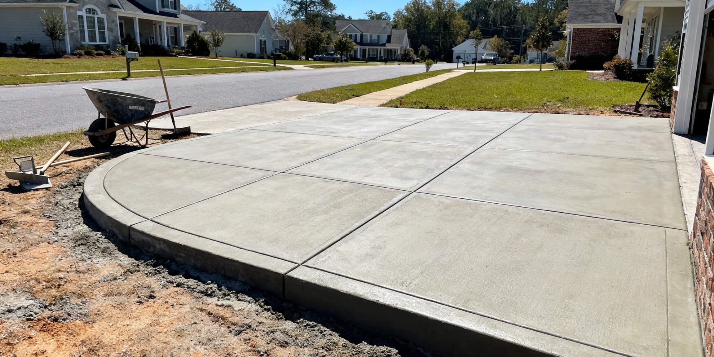 Concrete driveway apron installation in New Bern NC, showing the finished slab, curved edge, and wheelbarrow at the curb