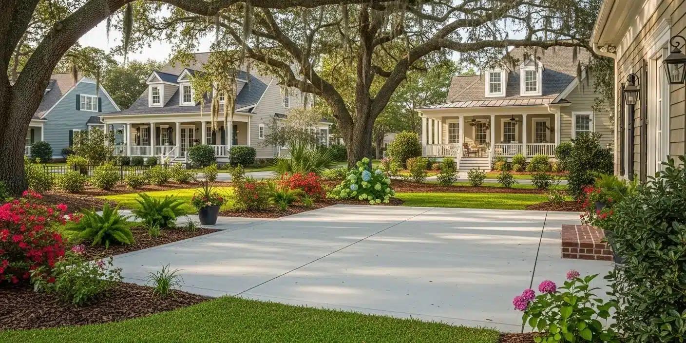 a driveway leading to a house with a large porch surrounded by trees and bushes.