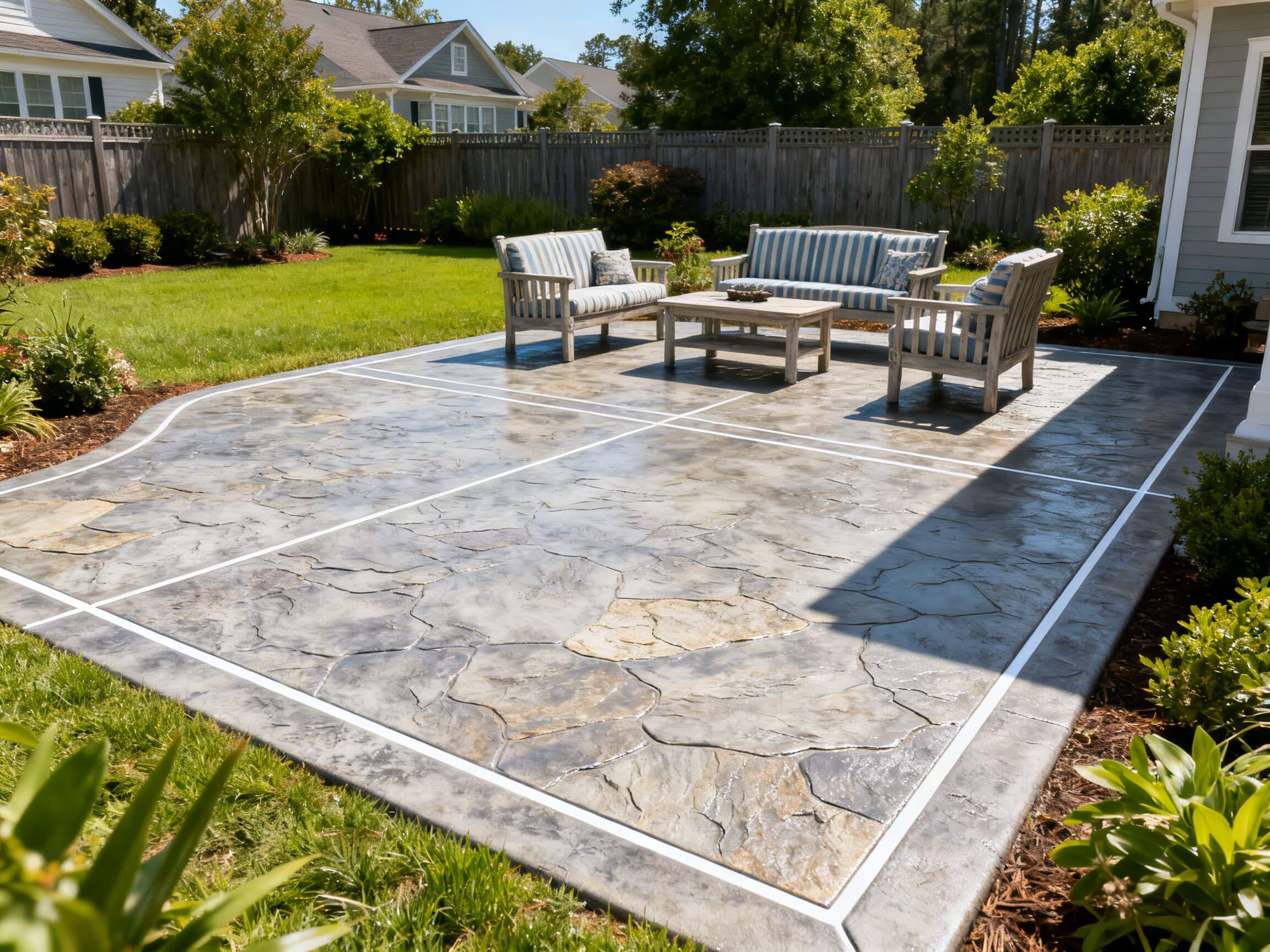 Decorative stamped concrete patio with a gray slate finish and outdoor seating in a coastal North Carolina backyard.
