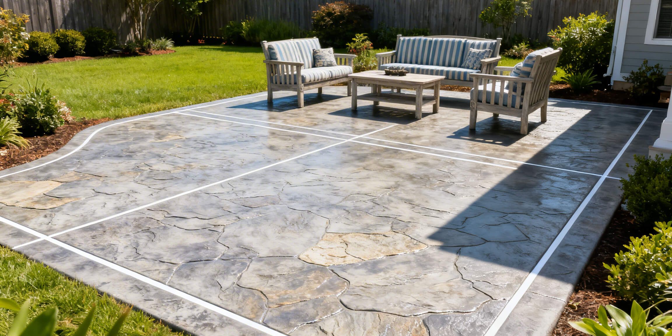 Decorative stamped concrete patio with a gray slate finish and outdoor seating in a coastal North Carolina backyard.