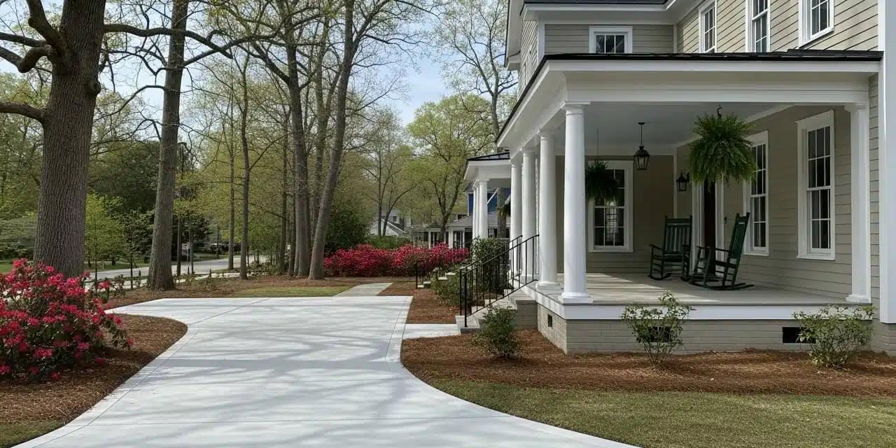 a large house with a large porch and a concrete driveway leading to it.