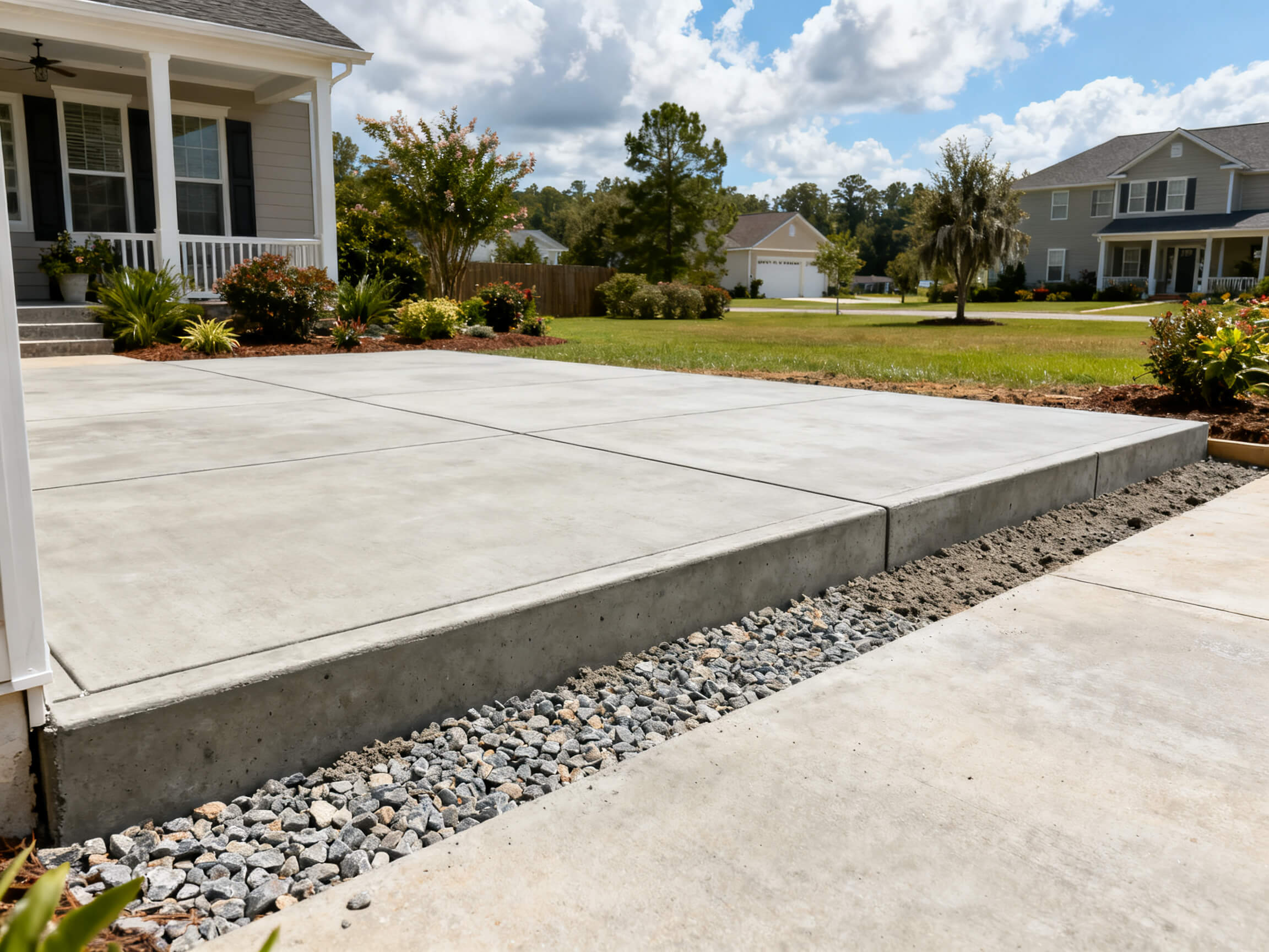 New concrete patio slab with gravel base preparation in Eastern North Carolina residential backyard