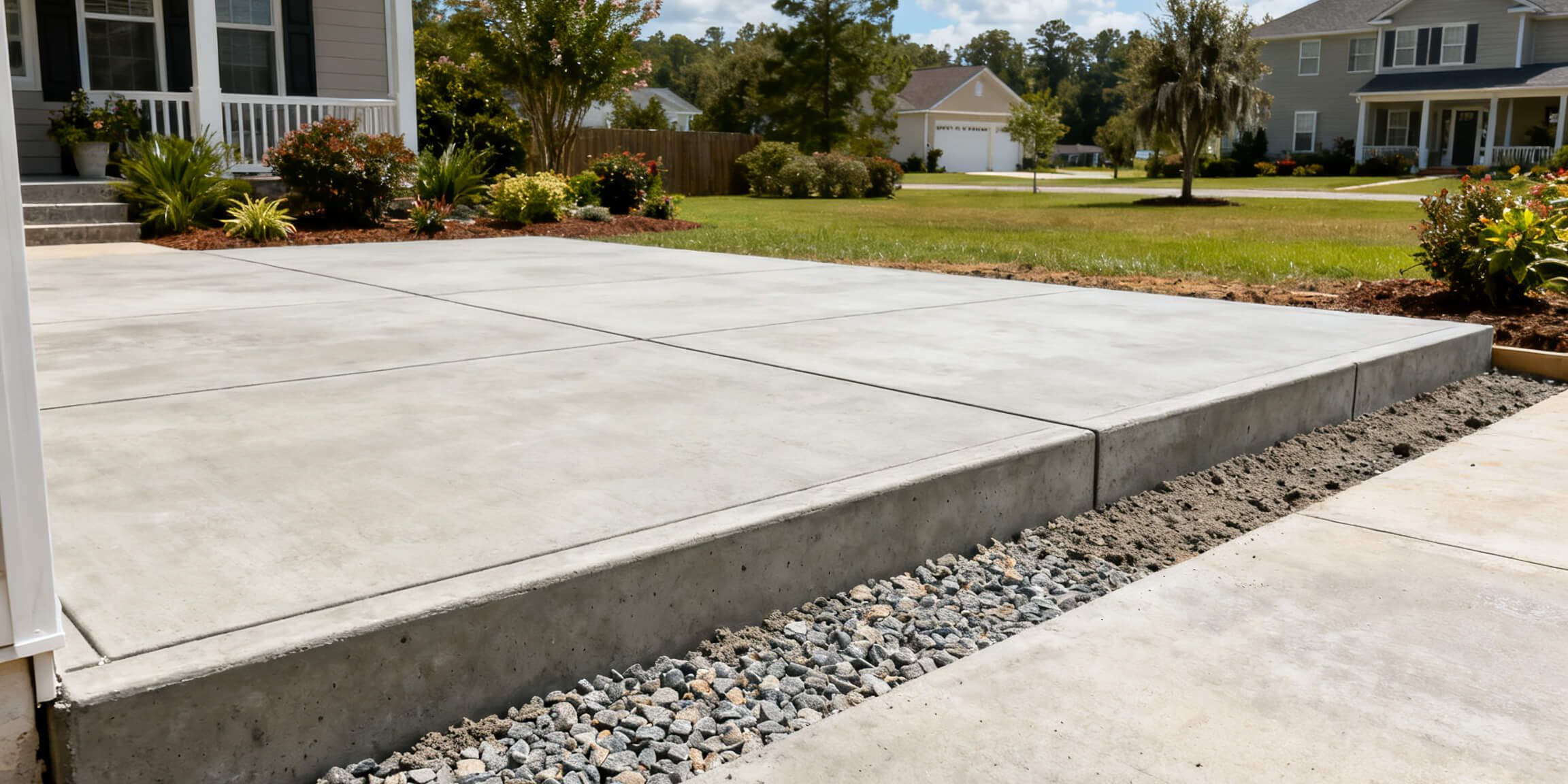 New concrete patio slab with gravel base preparation in Eastern North Carolina residential backyard