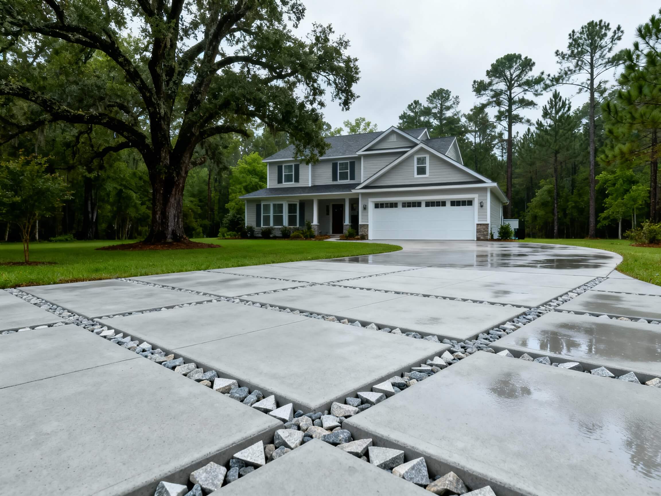 Modern concrete driveway with drainage joints at a residential home after rain