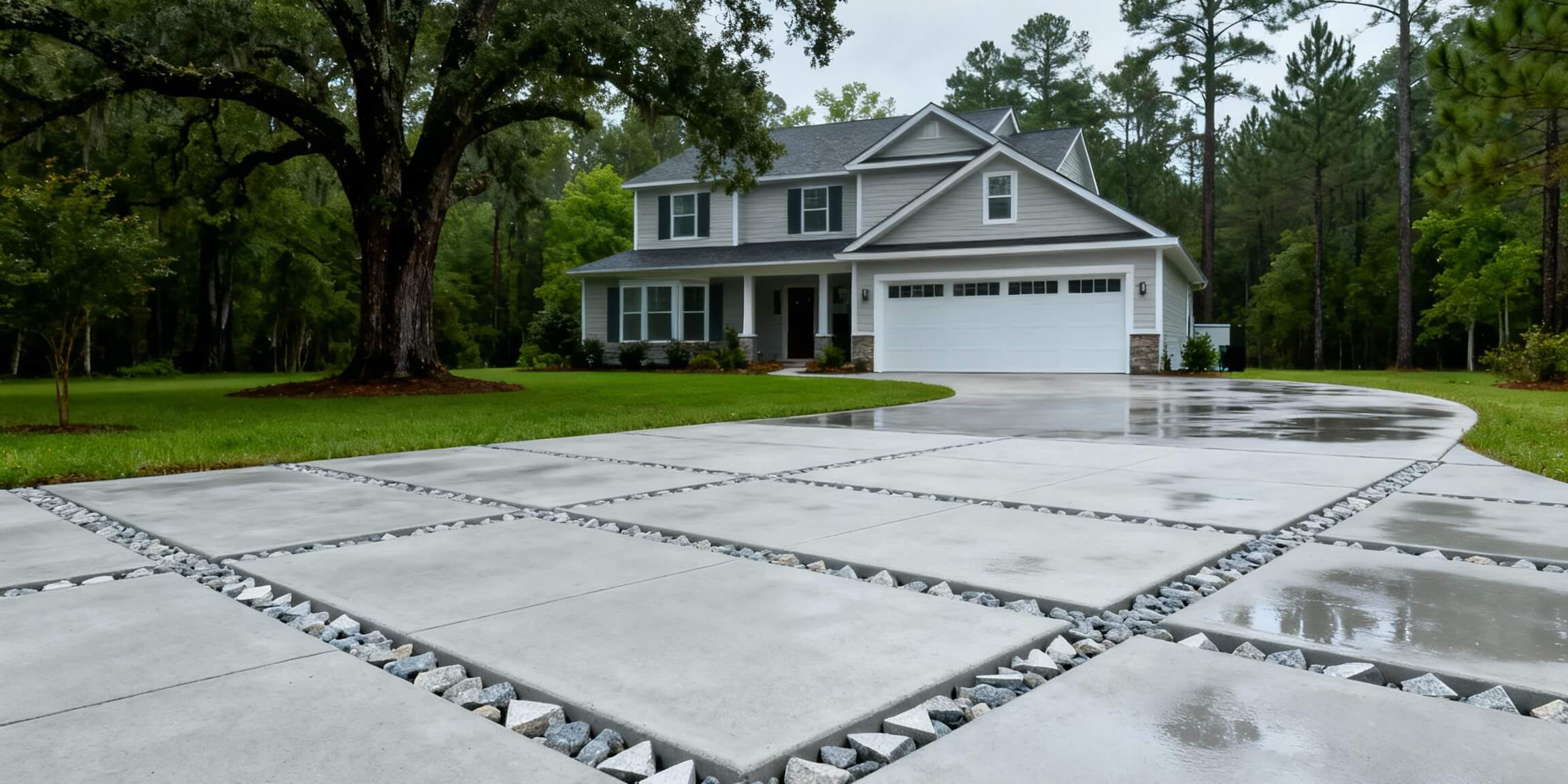 Modern concrete driveway with drainage joints at a residential home after rain