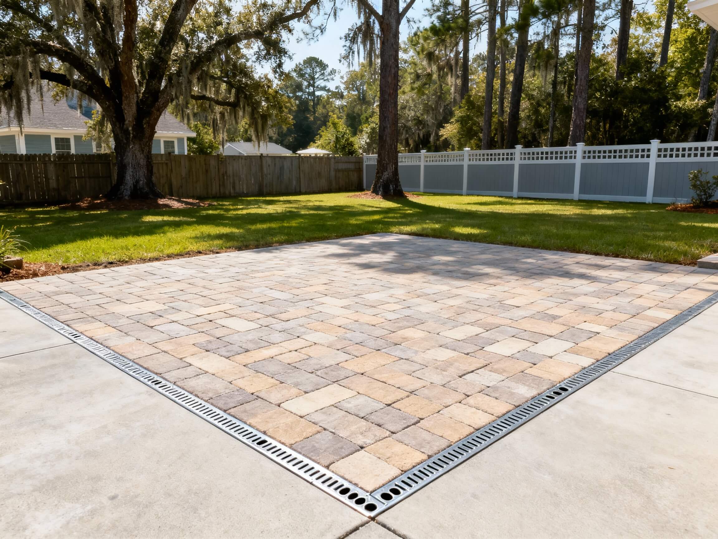 Concrete paver patio with trees and a fenced yard in the background