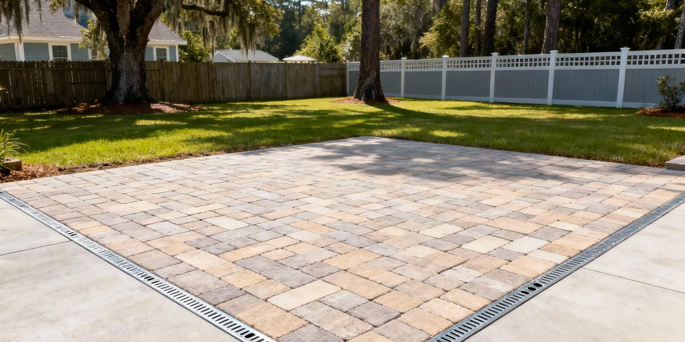 Concrete paver patio with trees and a fenced yard in the background