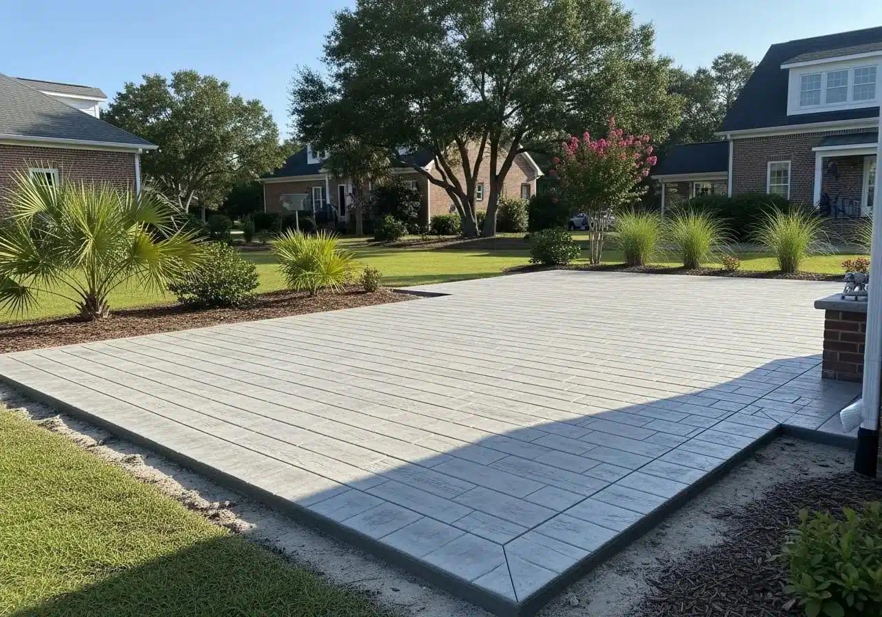 a driveway with a concrete patio in front of a house.