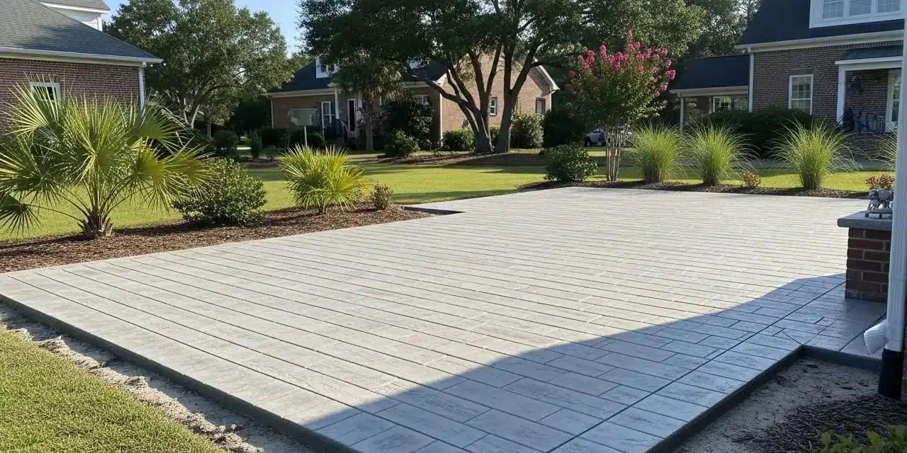 a driveway with a concrete patio in front of a house.