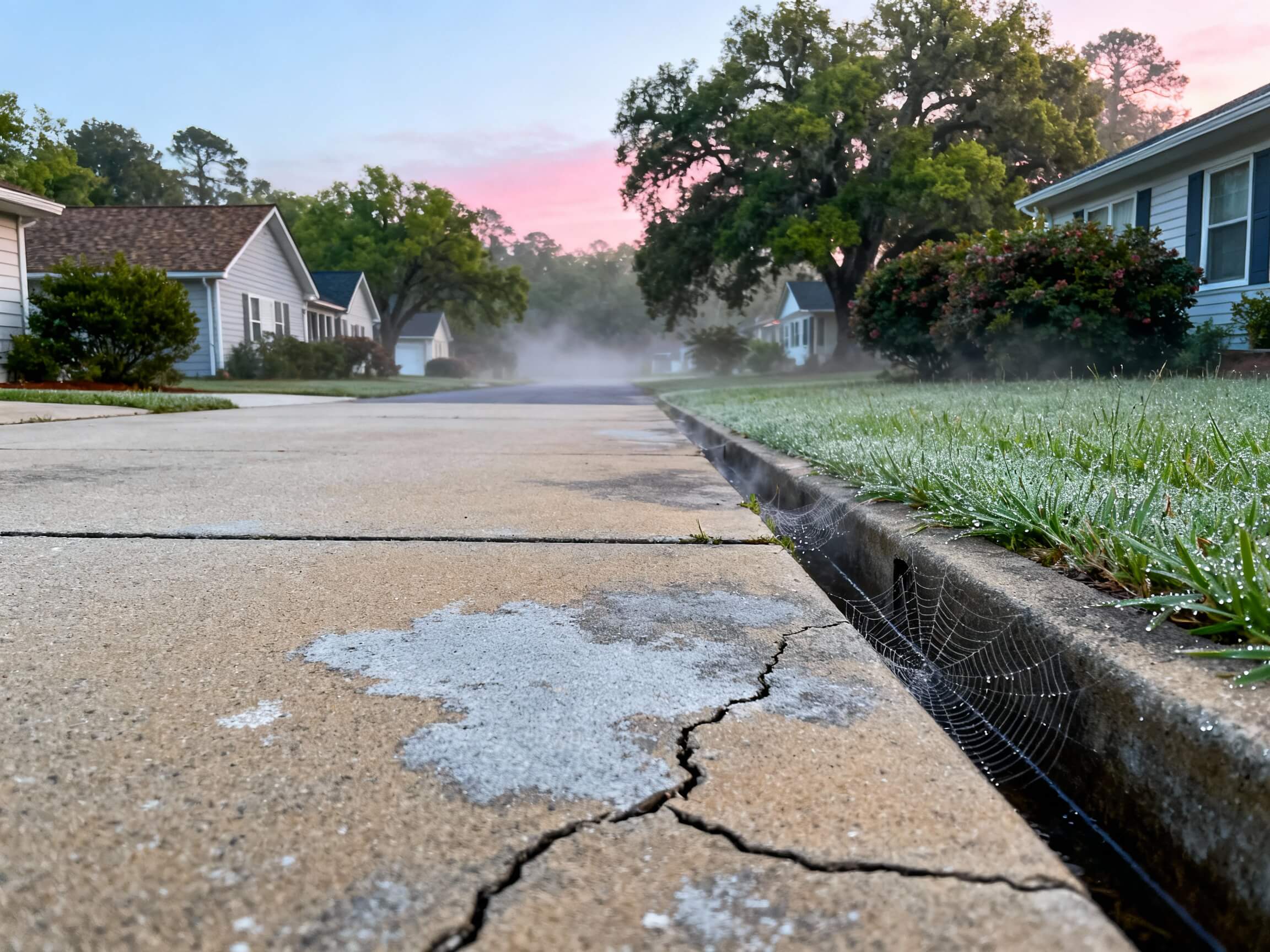 Cracked concrete driveway in a North Carolina residential neighborhood