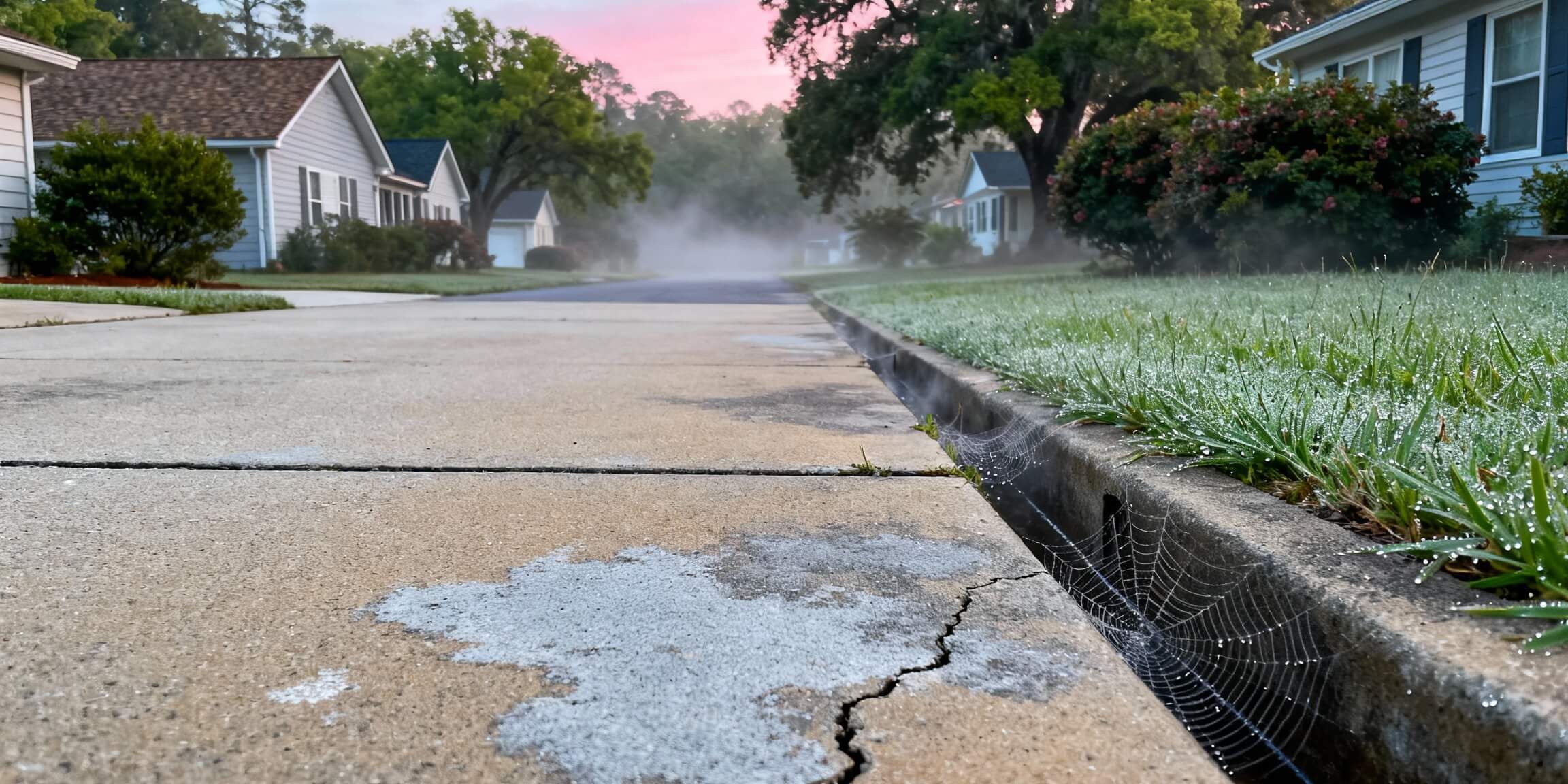 Cracked concrete driveway in a North Carolina residential neighborhood