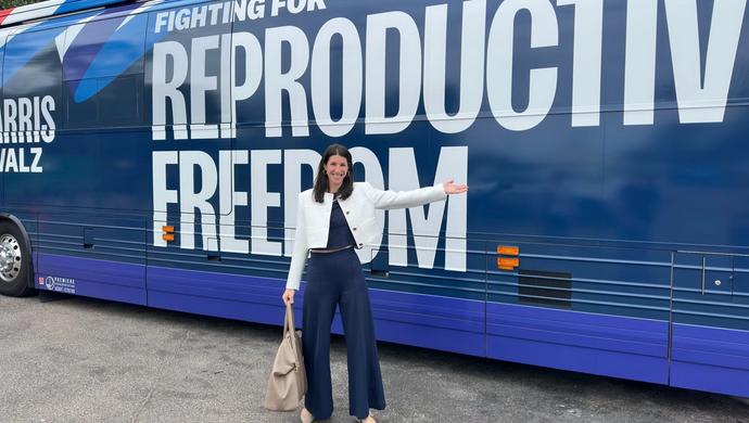 Abby Klausner Blum and the Harris reproductive rights campaign bus. 