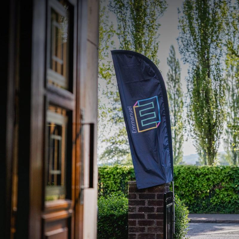 An Emmanuel flag outside the church entrance on Ravenhill Road