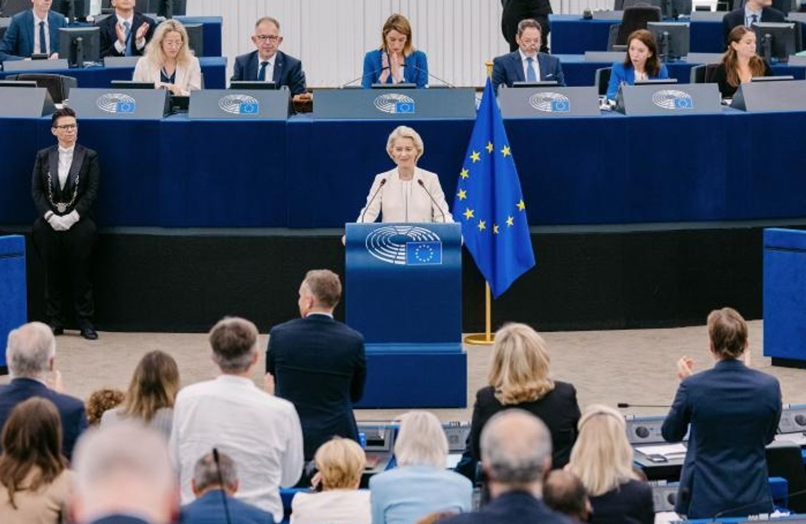 European Commission President Ursula von der Leye speaks to the European Parliament in Brussels