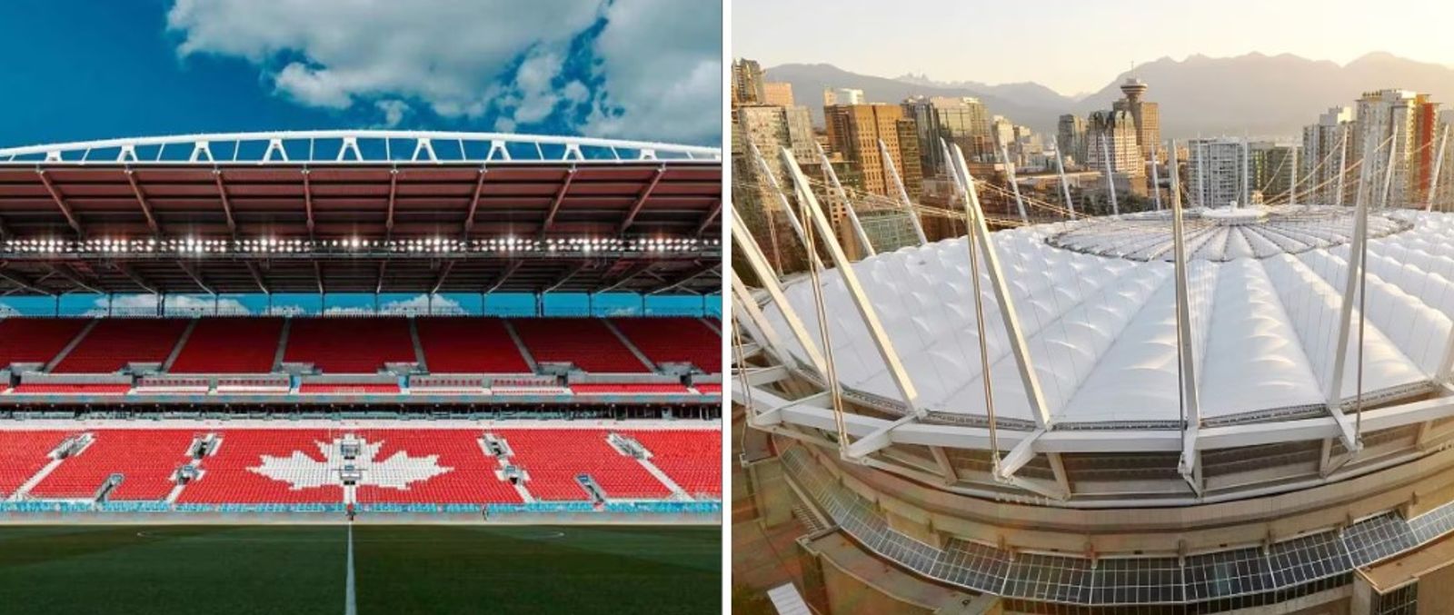 Toronto Stadium on the left, placed next to Vancouver's BC Place Stadium on the right