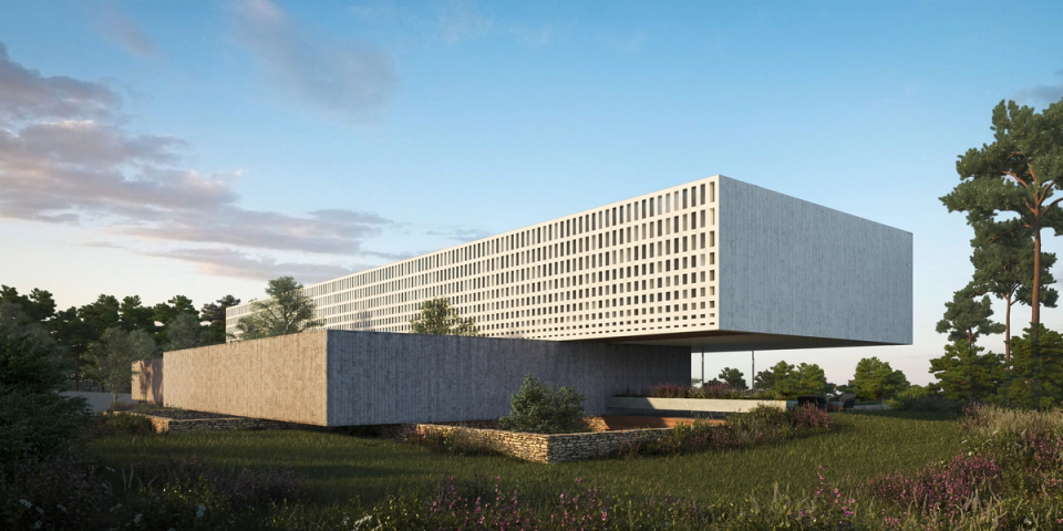 Construction of new construction in Barcelona. House of contemporary architectural design with large overhangs, noble materials and exclusive residential architecture.