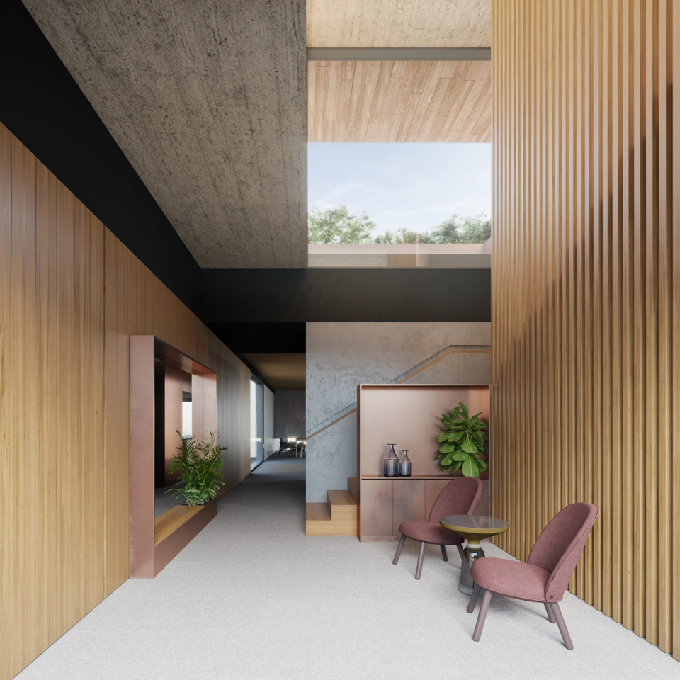 The interior of this detached single-family home stands out for its elegant and contemporary architecture, where natural light, double-height spaces, and noble materials create warm and sophisticated environments. The combination of exposed concrete, natural wood, and minimalist finishes brings personality and balance to a home designed to enhance visual spaciousness, comfort, and the connection between different areas.