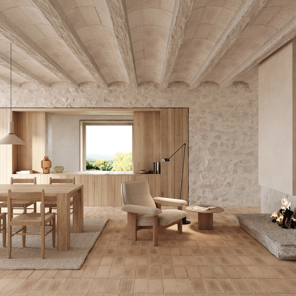 The interior renovation of this farmhouse restores the essence of traditional architecture through natural materials, vaulted ceilings, and original textures, creating warm, bright spaces designed for a serene and contemporary way of living.