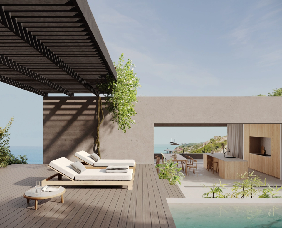 Modern house with large openings and panoramic views of the landscape. The terrace with high platform and under the porch. Earth and wood tonalities. Contemporary residential architecture. Architects Costa Brava.