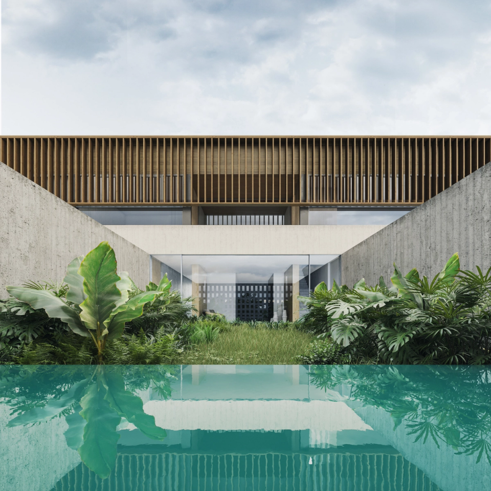  Back facade of contemporary housing with pool, large windows and modern residential architecture