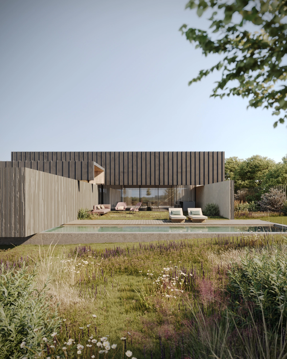 This single-family home with a swimming pool integrates with the landscape through a horizontal, serene architecture open to the garden. Clean volumes and natural materials reinforce the relationship between the house and the outdoors. The project creates spaces of calm and privacy, where light, vegetation, and water become central elements of the living experience.