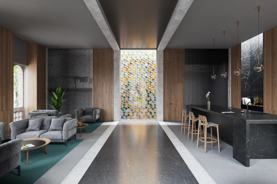 The rehabilitation of this interior space combines spaciousness, elegance, and contemporaneity through an architectural proposal based on the nobility of materials and attention to detail. Large openings and a symmetrical composition enhance natural light and the visual connection between spaces, while the combination of stone, wood, and dark finishes adds depth and sophistication. The project redefines the existing architecture with a refined intervention that balances functionality, comfort, and contemporary identity.