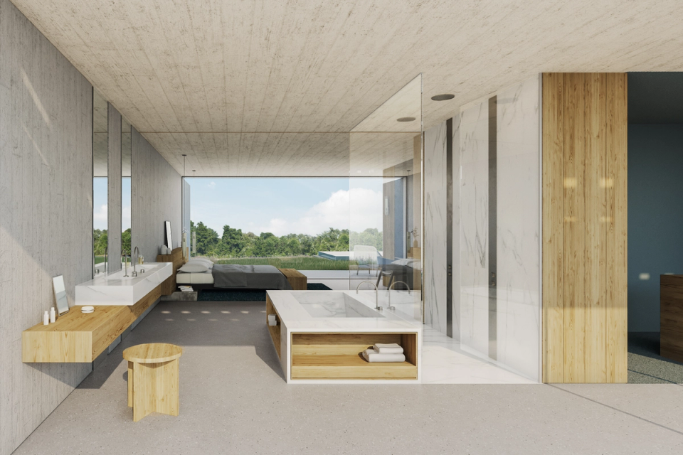 Space visually connected to the main room. It does not limit, since the bathroom is connected with transparencies with the outside. Bathroom with furniture of noble materials, minimalist and functional style.