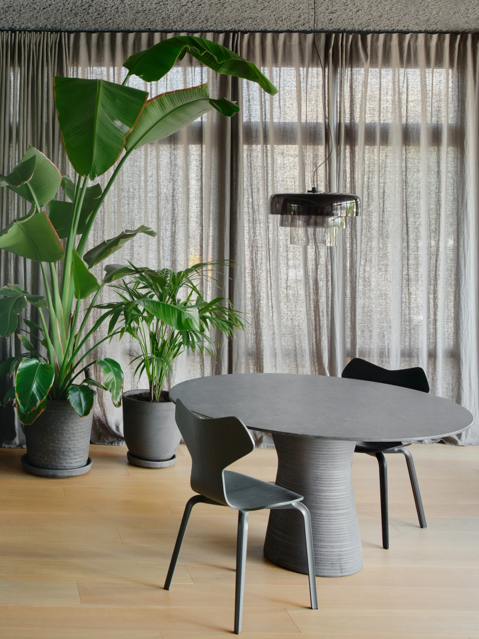 Reform of studio with an elegant meeting area surrounded by vegetation and light filtered through large textile curtains. This studio renovation combines natural materials, contemporary furniture and a serene atmosphere to create comfortable and professional spaces.