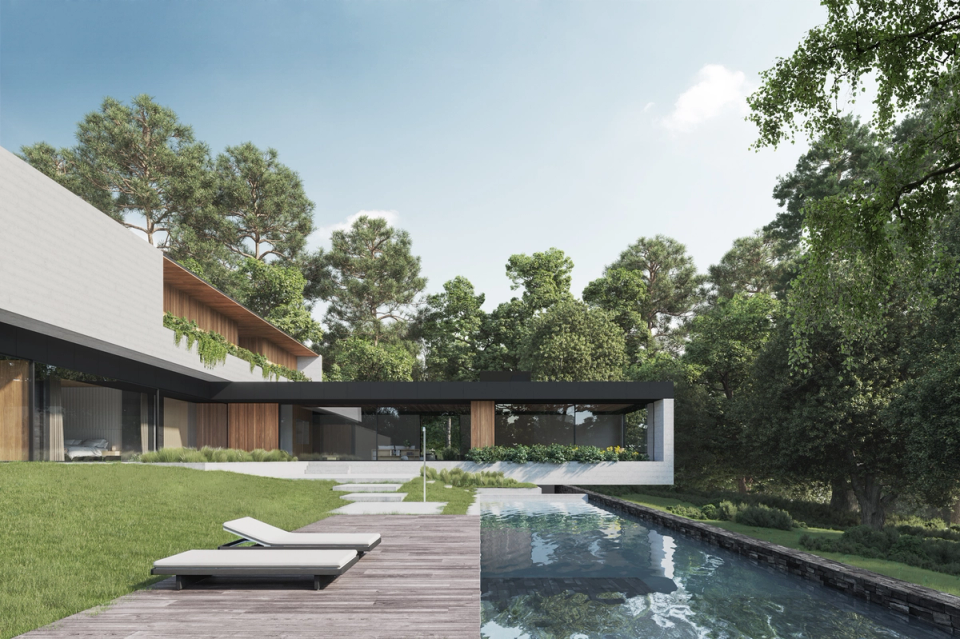 This detached single-family home integrates naturally into a green and peaceful environment, combining contemporary architecture, horizontal lines, and noble materials to create open and bright spaces. The fluid relationship between the interior, garden, and pool enhances a lifestyle connected to nature, while the large cantilevers and glazed surfaces provide comfort, solar protection, and visual spaciousness.