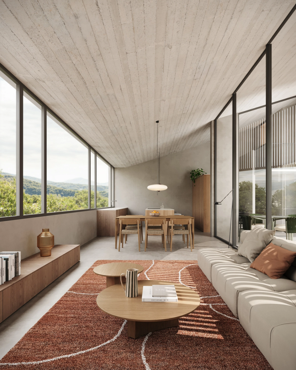 Detached single-family home with a curved façade of vertical slats that filters natural light and creates protected outdoor spaces. This single-family home combines contemporary architecture, vegetation and natural materials to create a harmonious relationship between interior and exterior.