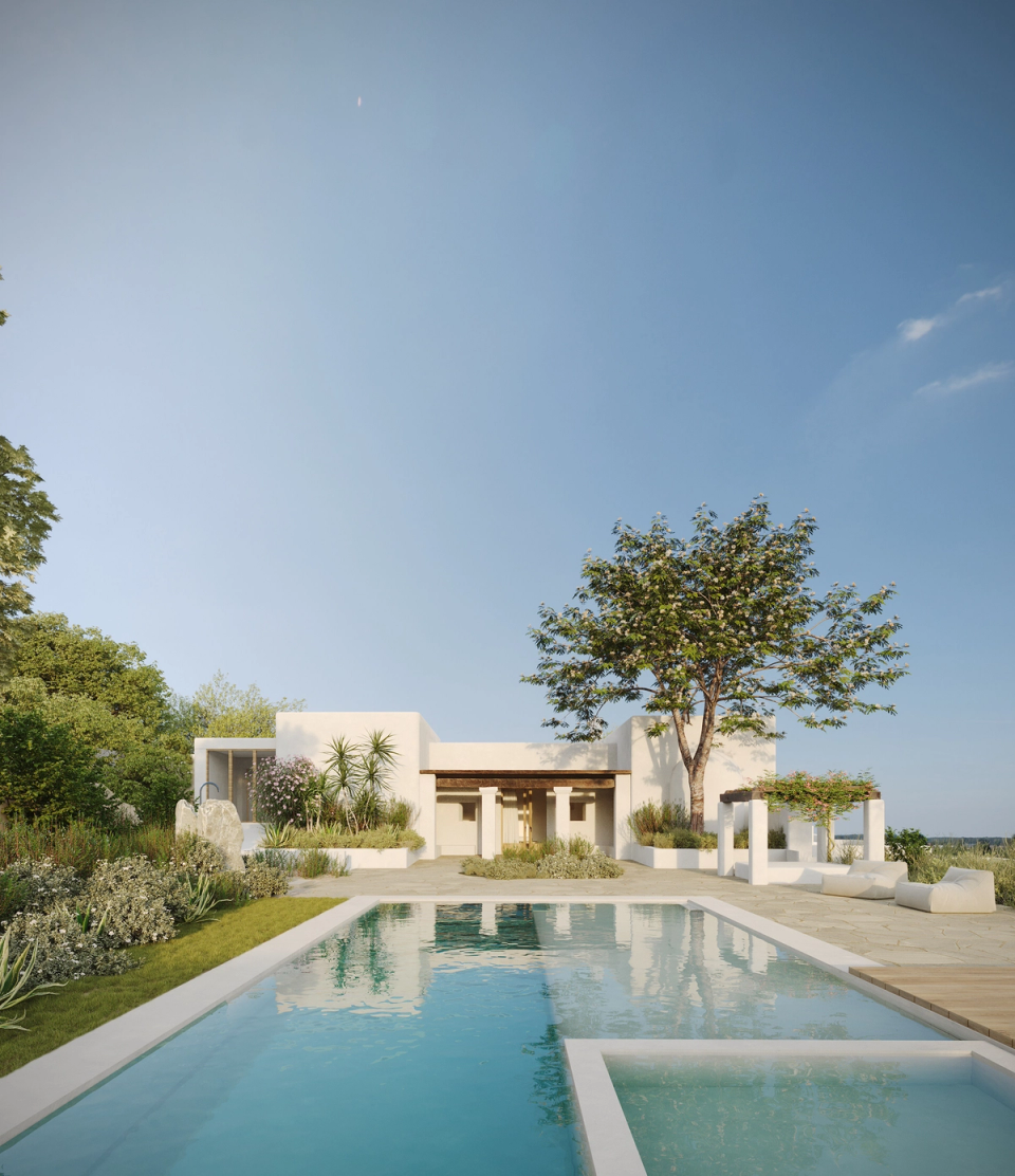 The renovation of this farmhouse in Ibiza creates bright outdoor spaces open to the landscape, where water, vegetation and architecture coexist naturally. The white volumes and Mediterranean materials reinforce the serenity of the ensemble. The project embraces a slow way of living, connected to the light, climate and natural environment of the island.