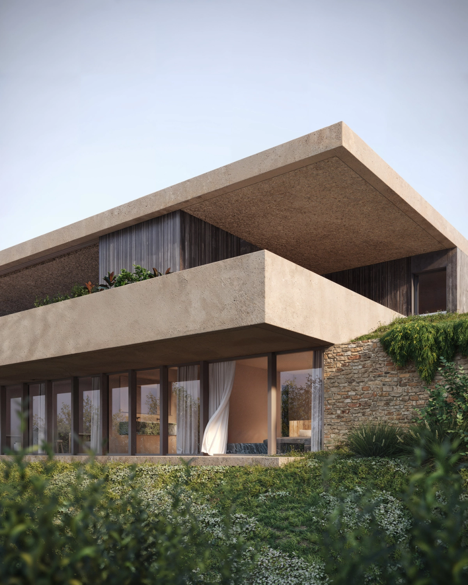 House in Platja d’Aro with large cantilevers and open terraces that protect the interior spaces from the sun and enhance the views of the landscape. This house in Platja d’Aro combines stone, wood and contemporary architecture to create a warm, elegant atmosphere integrated with nature.