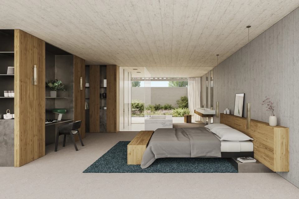 Main bedroom of a new building, wide and functional space with access to the outside. Housing of modern architecture with natural light and high standard interior design