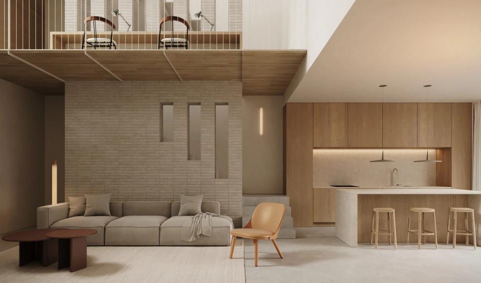 Houses in Bescanó with open double-height interior spaces that integrate the living room, kitchen, and common areas into a spacious and bright environment. These houses in Bescanó combine natural wood, minimalist lines, and warm materials to create contemporary and comfortable architecture.