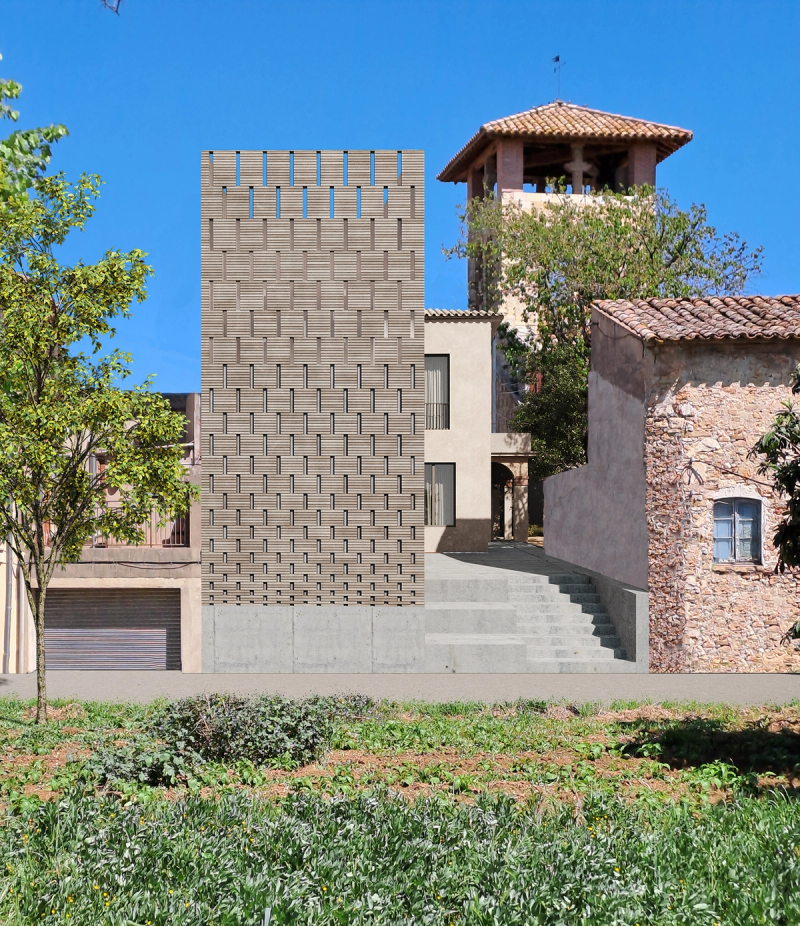 Facade and access stairs to the Serinyà rectory designed by 05 AM arquitectura
