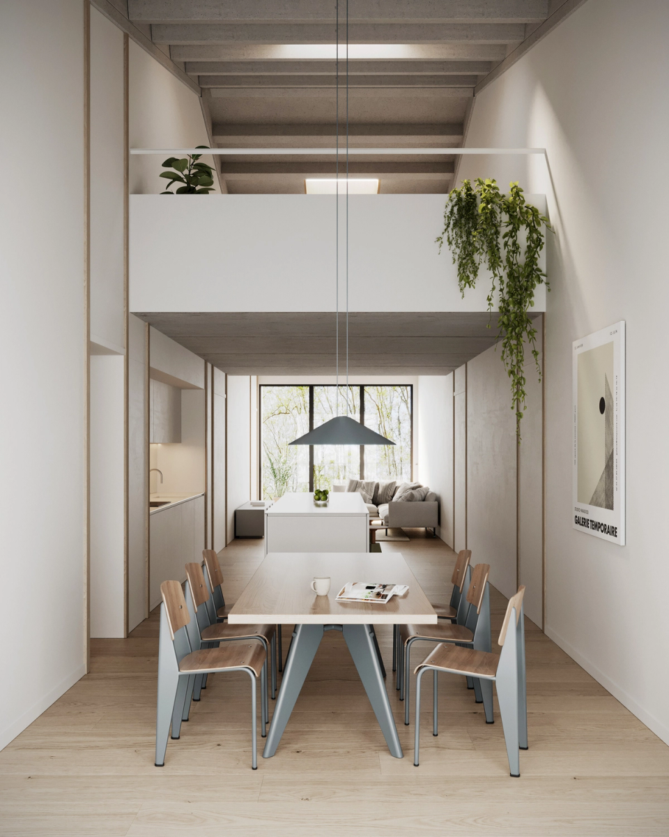 This multi-family residential building takes advantage of height and natural light to create spacious, flexible and visually connected interiors. The double-height space provides depth and a sense of openness that enhances the spatial quality of the homes. The project combines functionality, warm materials and contemporary architecture designed for everyday comfort.