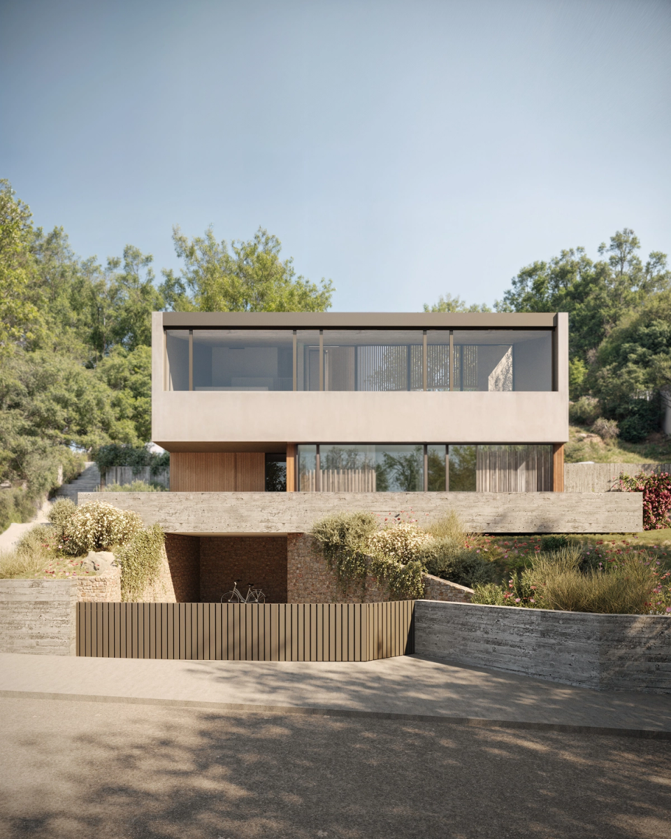 Detached single-family home with a contemporary architecture of horizontal volumes integrated into the natural slope of the terrain. This single-family home combines stone, wood and large glazed surfaces to enhance natural light, views and connection with the landscape.