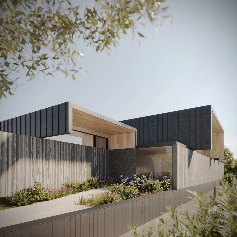 This single-family home embraces a contemporary architecture with clean lines and defined volumes, naturally integrated with the landscape and vegetation. The exterior materials provide texture, protection, and depth to the composition. Sloped roofs and large openings create a constant relationship between interior and exterior, reinforcing a sense of calm and privacy