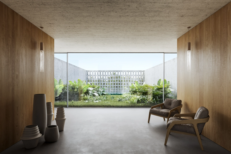  Interior space of high standing architecture with noble materials, minimalist design and connection with the outside