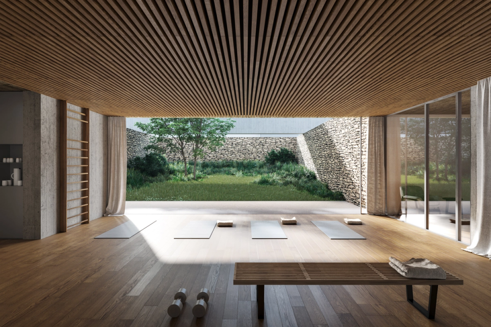 Interior of contemporary housing with wooden ceiling, open spaces and high standing architecture