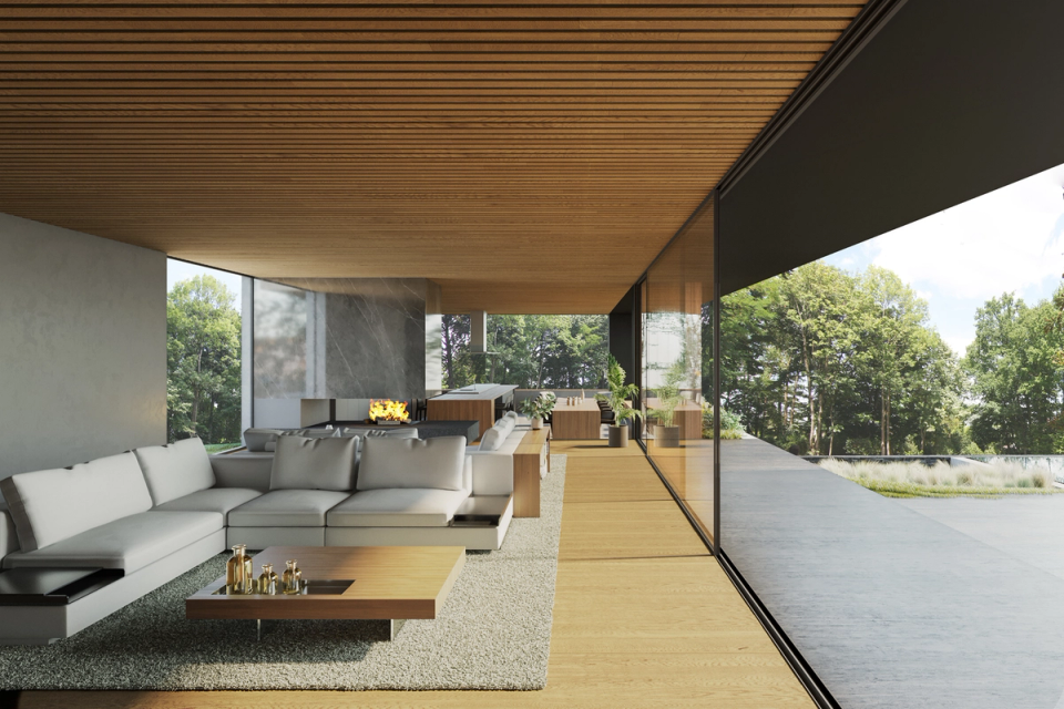 The interior of this detached single-family home has been conceived as an open and fluid space where architecture, natural light, and the landscape merge into a single experience. The large glass façades, wood-clad ceilings, and minimalist finishes bring warmth and sophistication to a contemporary home designed to enhance visual spaciousness, comfort, and a constant connection with the natural surroundings.