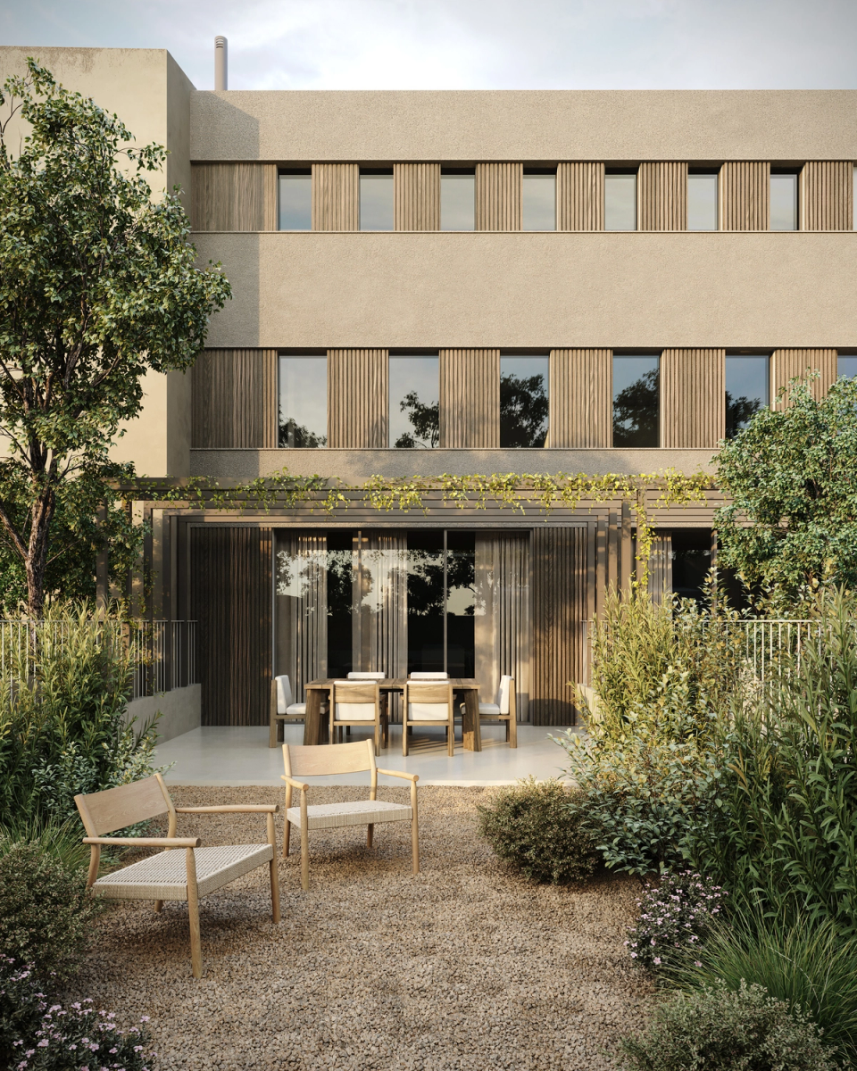 Houses in Bescanó with a landscaped central courtyard that connects the interior spaces and enhances the entry of natural light. These houses in Bescanó combine contemporary architecture, large glazed surfaces, and natural materials to create open, शांत and comfortable environments.